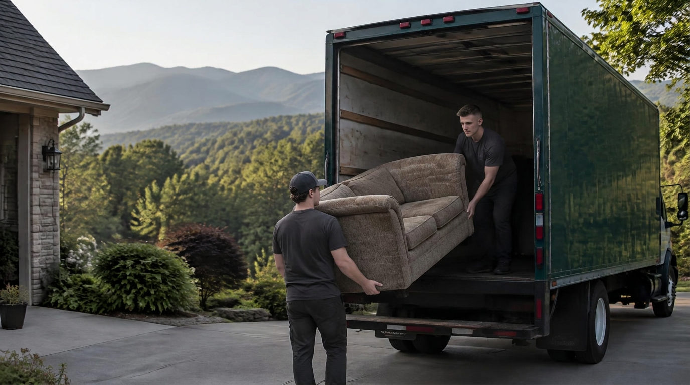 Junk removal crew loading an old couch into a truck in the North Carolina foothills
